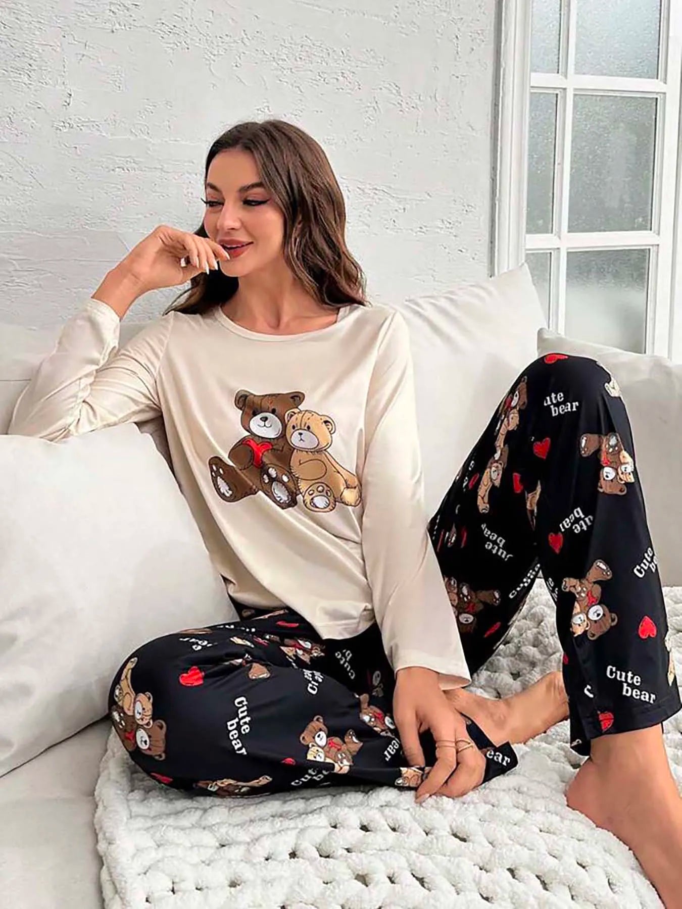 Women's pajamas set Comfortable casual two bear print crewneck long sleeve trousers women's pajamas set