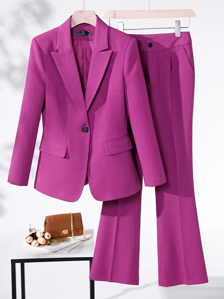 Conjunto de trabajo de negocios de 2 piezas, blazer de manga larga y pantalón de mujer, traje formal en morado, azul, rojo y negro