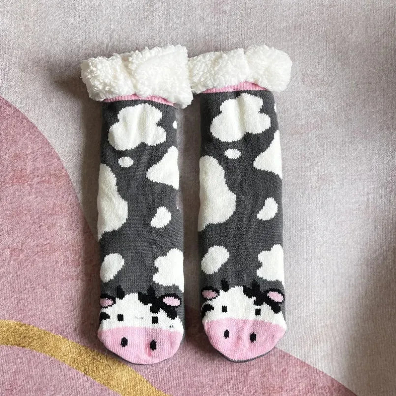 Fuzzy Thermal Sock Women Winter Warm Funny Bear Sheep Cute Kawaii Non Slip Cartoon Sleeping Soft Comfy Female Floor Slipper Sock