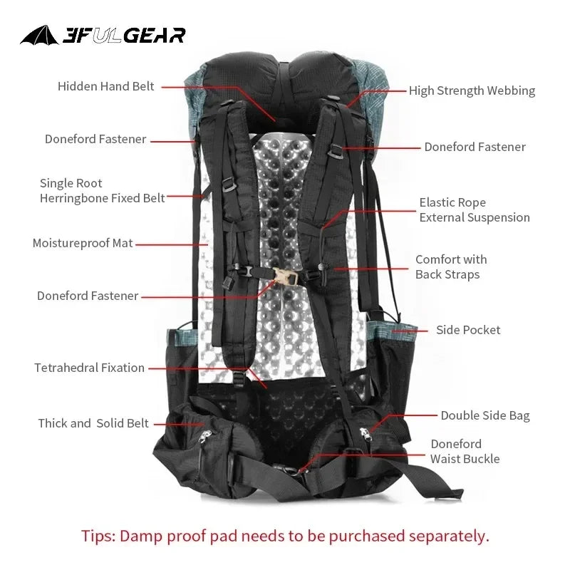 Sac à dos de randonnée léger et imperméable 3F UL Gear 40 + 16 L, pour camping, voyage, escalade, trekking, avec sangle réglable