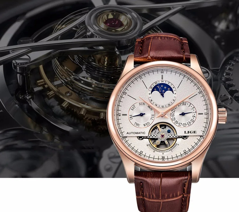 LIGE Relojes para hombre Reloj mecánico automático Reloj Tourbillon Piel auténtica Reloj impermeable Reloj de pulsera militar para hombre