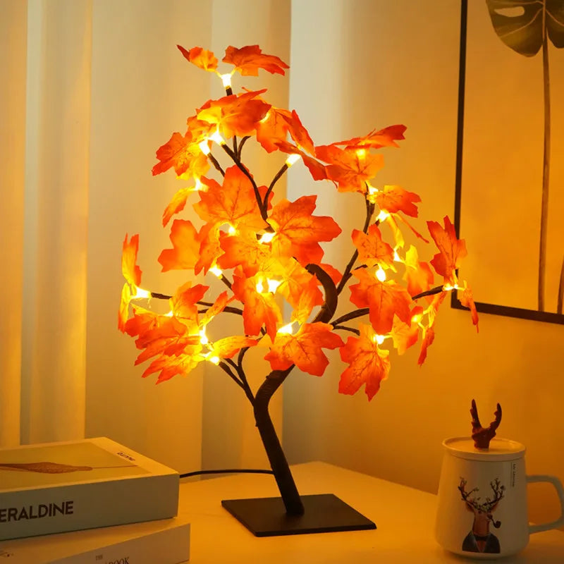 Guirlande lumineuse à 24 LED en forme de feuille d'érable, lampe de table en forme d'arbre à fleurs, veilleuse rose, cadeau pour mariage, fête, automne, Halloween, décoration
