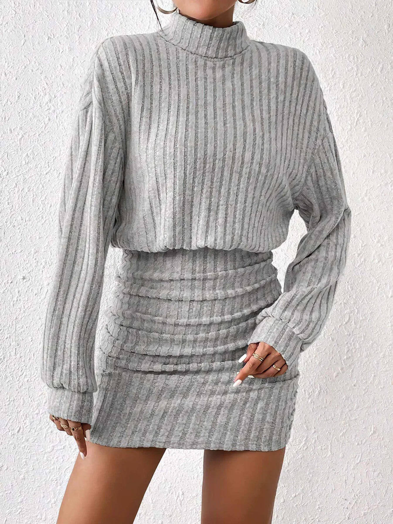 Vestido de punto de cuello alto para mujer, moda otoño invierno, informal, liso, suelto, de manga larga, cálido, de longitud media