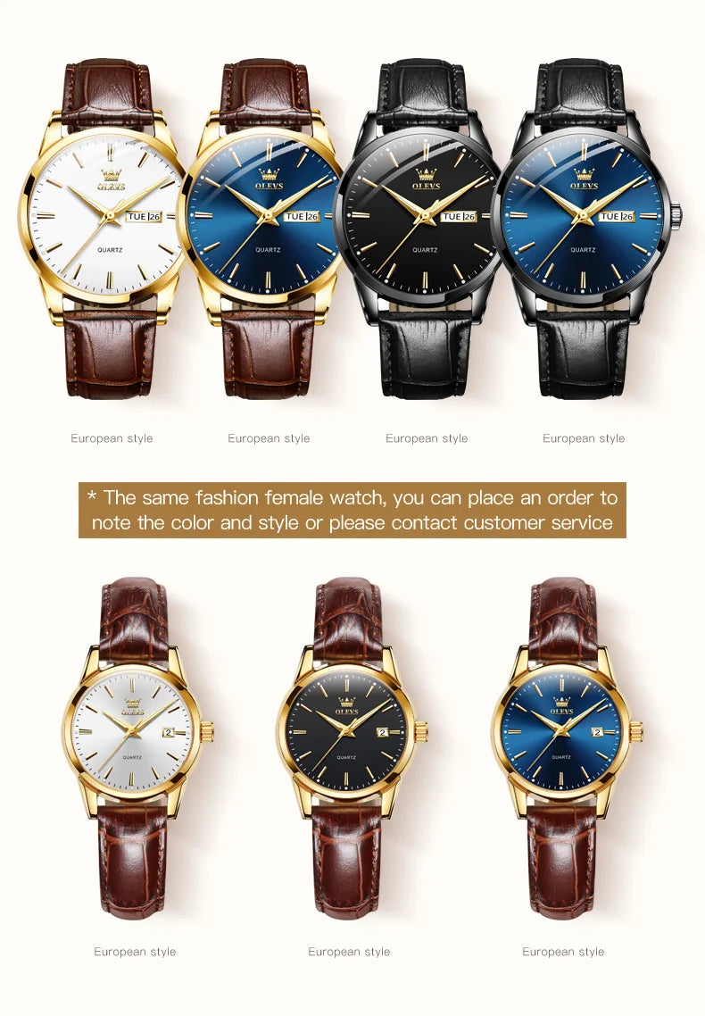 OLEVS 6898 Reloj de Mujer Original de Moda Reloj de Pulsera de Cuarzo Impermeable con Correa de Cuero Luminosa Doble Calendario Reloj de Señora