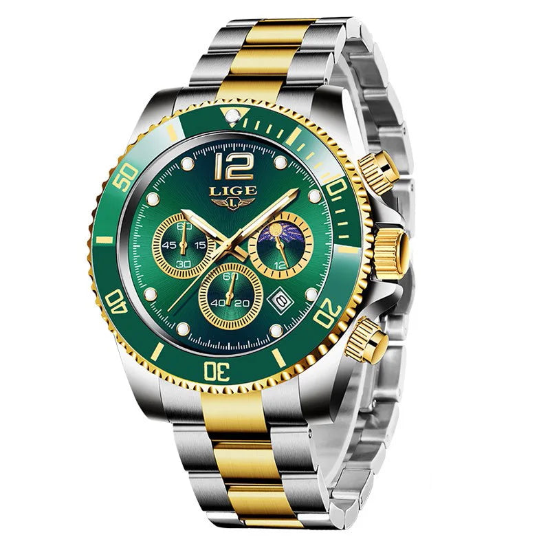 Reloj de hombre LIGE de marca superior, reloj de lujo para hombre, deportivo, resistente al agua, cronógrafo de acero inoxidable, reloj de pulsera de cuarzo, Relogio Masculino+Caja