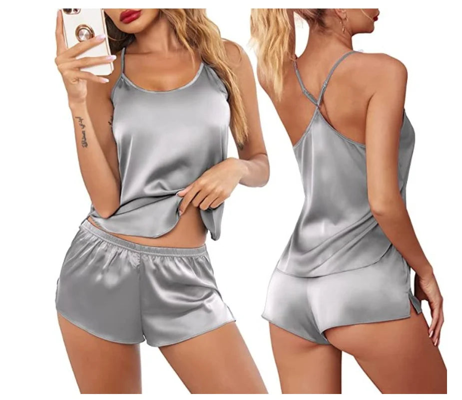Conjuntos de pijama de satén y encaje sexy para mujer, ropa de dormir, tops sin mangas + pantalones cortos, conjuntos de 2 piezas de pijama para mujer