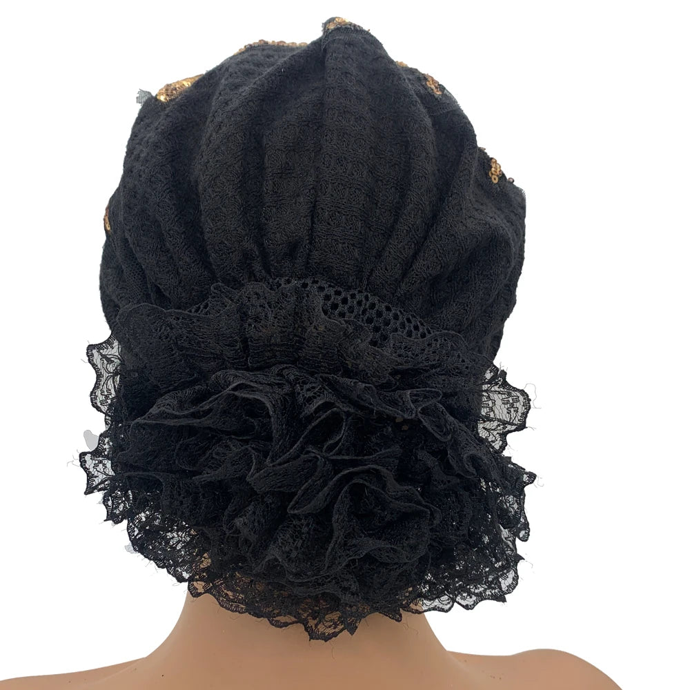 Sombrero turbante de encaje floral con diamantes de lujo, transpirable, pañuelo, gorro, envolturas para la cabeza, gorro de punto para mujer, cubierta para el cabello