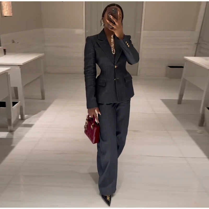 Elegante conjunto de 3 piezas de blazer de mezclilla, pantalón largo para mujer, chaqueta de traje de primavera de un solo botón, chaleco chic con cuello en V, trajes de pantalón de pierna ancha