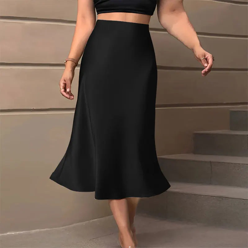 Satin Skirts for Women Korean Style Champagne Office High Waist A-line Skort Fashion Elegant Solid Long Pencil Skirt Silk Like