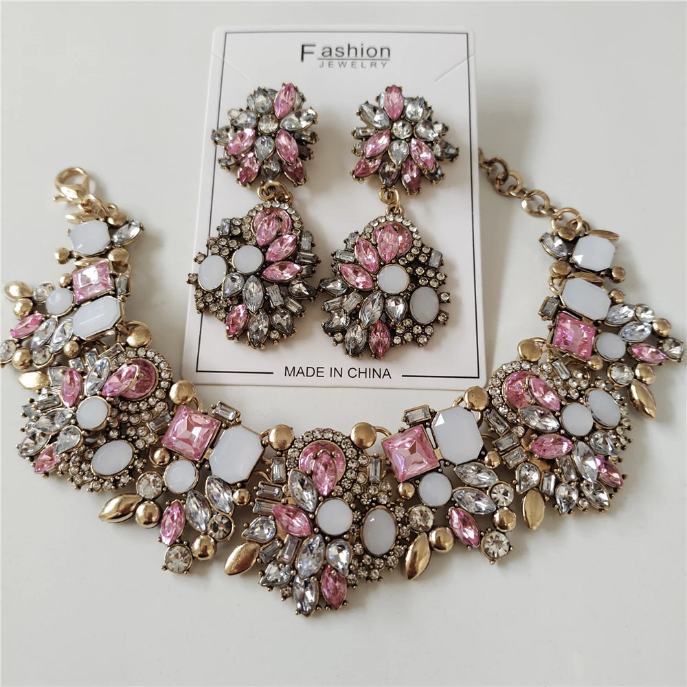 Nuevos conjuntos de joyas de lujo con cristales de estrás, collar, pulseras, pendientes, conjunto de joyas para mujer, boda india, declaración nupcial
