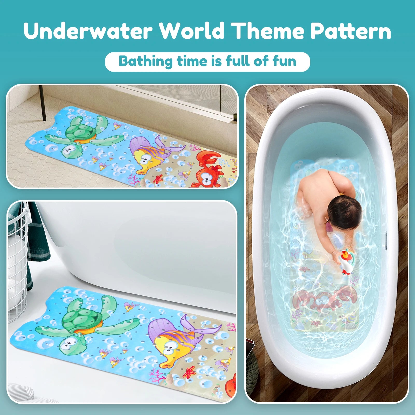 Alfombrilla de Baño Antideslizante para Bebés con Ventosas y Agujero de Drenaje, Alfombrilla de Ducha para Niños con Diseño de Mundo Marino de Dibujos Animados