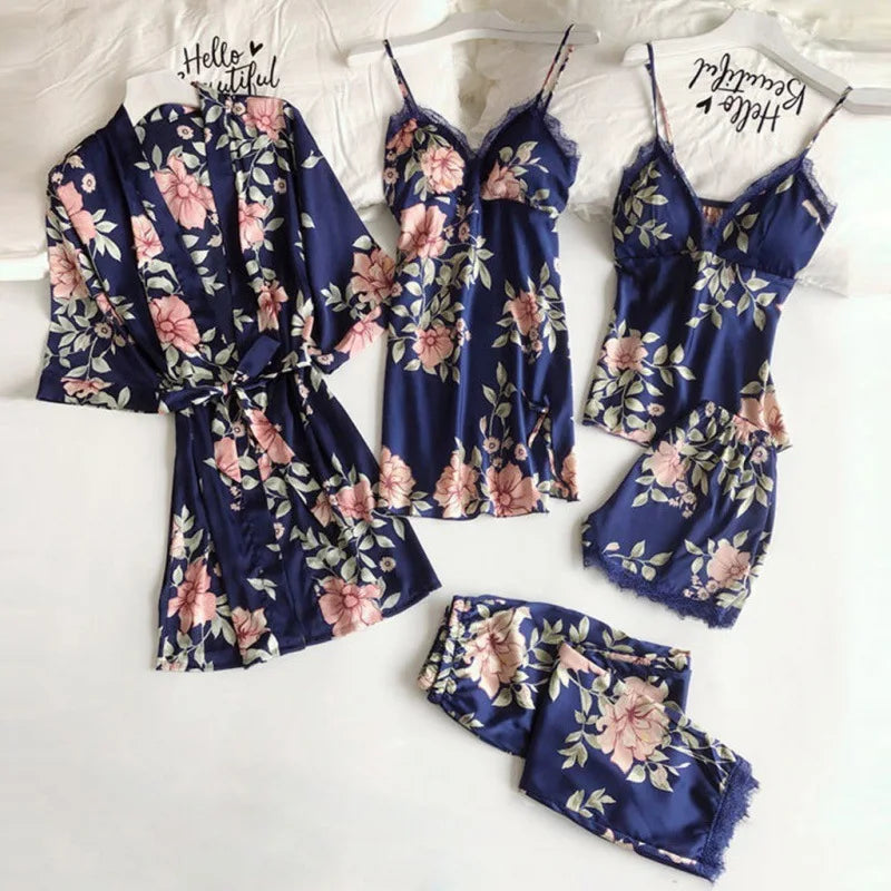 Pijama para mujer verano sexy pijama conjunto de cinco piezas pijama de tirantes para mujer ropa de casa con almohadilla para el pecho bata