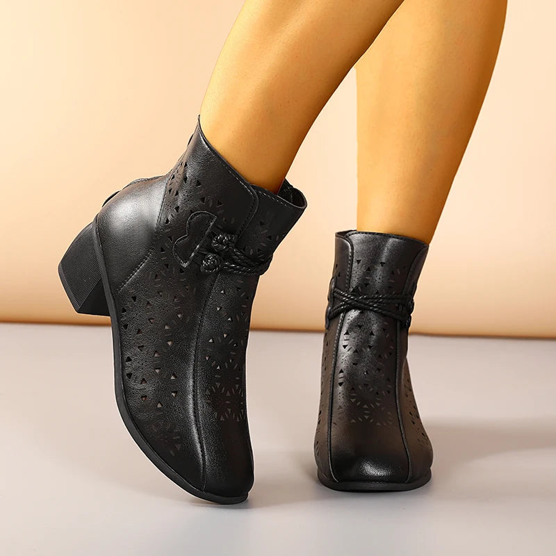 Women’s Hollow-Out Ankle Boots – Retro Mid-Heel Soft Sole Shoes