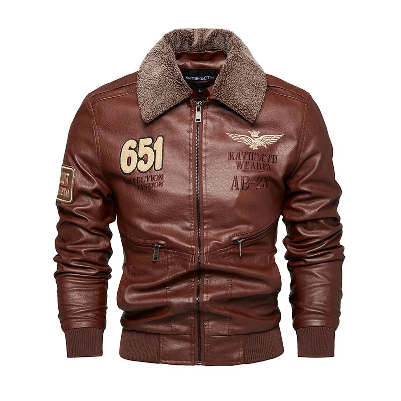 Chaquetas de moto para hombre de moda otoño/invierno casual de cuero bordadas estilo aviador en invierno terciopelo PU Jacke