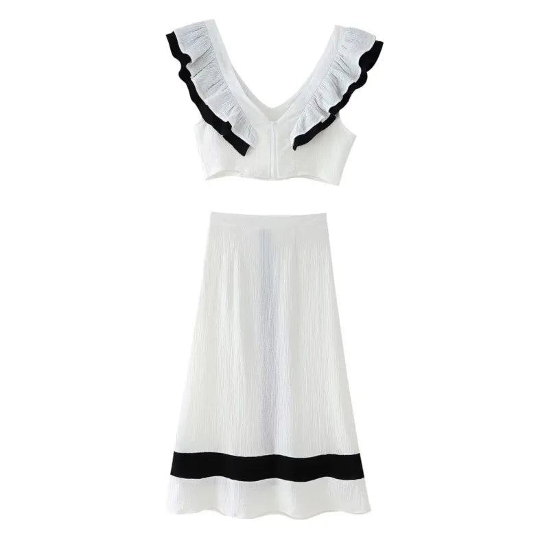 Elegantes Conjuntos de Falda para Mujer Cuello de Pico Manga Volante Top Contraste Falda de Cintura Alta Femenina Conjunto de 2 Piezas Vacaciones 2024 Traje de Falda sin Mangas