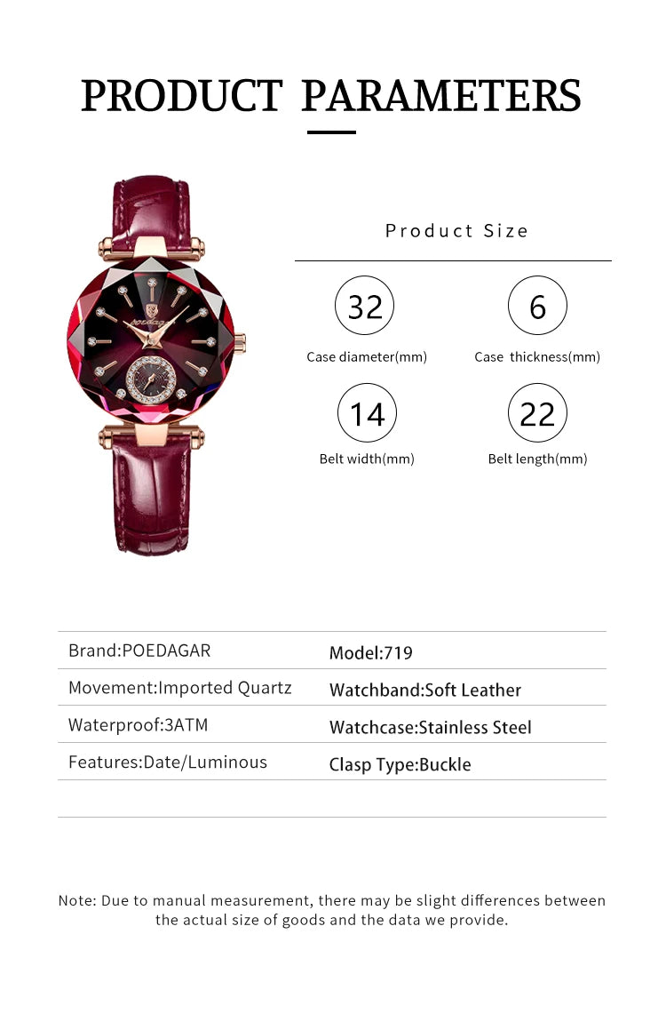 POEDAGAR Relojes de mujer, moda, esfera de diamante, cuero, cuarzo, marca superior de lujo, resistente al agua, reloj de pulsera para mujer, regalo para novia