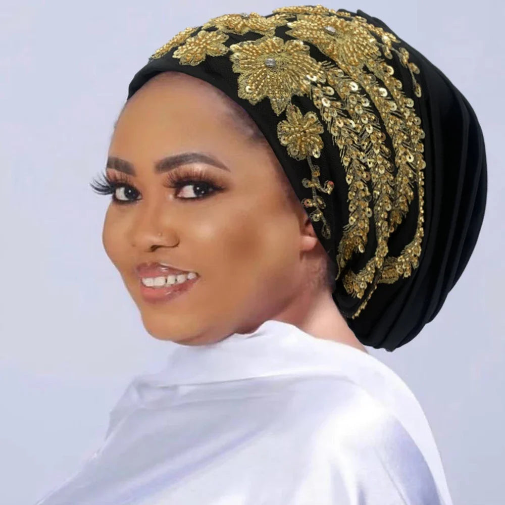Luxury Embroidery Beading Pleated Turban Cap for Women African Female Wrap Head Bonnet Muslim Turban Hat Lady Head Wraps