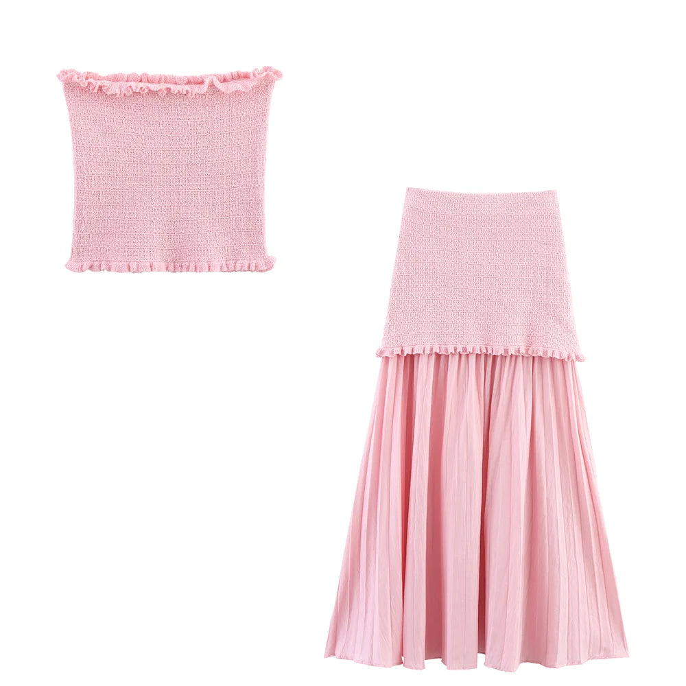 TRAFZA Conjunto elegante y chic de falda para mujer: top estilo "bandeau" o falda midi o top de manga corta. Conjunto para las vacaciones románticas de primavera-verano 2025.