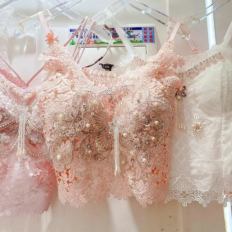Ropa de mujer, top corto sexy con abalorios pesados y estampado floral, top de encaje de mariposa, top corto que deja el ombligo al descubierto, camiseta de tirantes de verano.