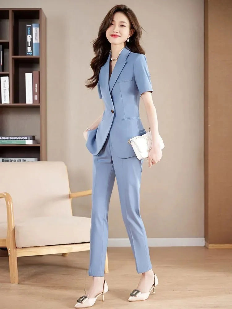 Women Formal Suits 2 Pieces Sets Elegant Slim Short Sleeve Cardigan Tops Conjuntos Summer Ol High Waist Pencil Pants Ensembles