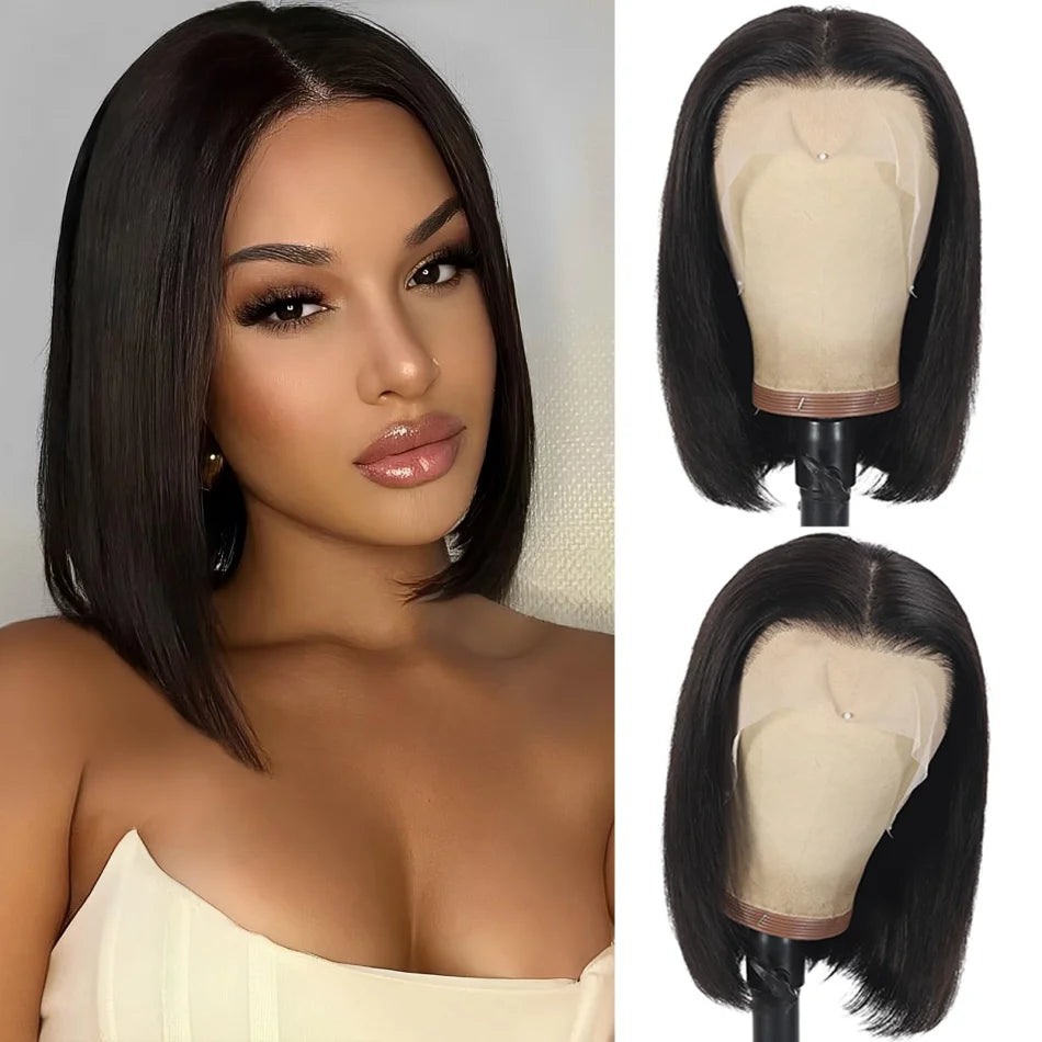 Pelucas de cabello humano Bob 13x6 pelucas delanteras de encaje 220 densidad cortas y lisas Hd Pelucas frontales de encaje transparente Cierre brasileño para mujeres