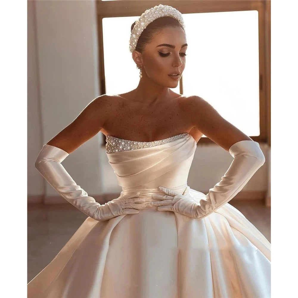 Lujosos Vestidos de Novia para Mujer sin Guantes Exquisito Satén Superficie Vestido de Novia Largo con Cola Vestidos De Novias Personalizados