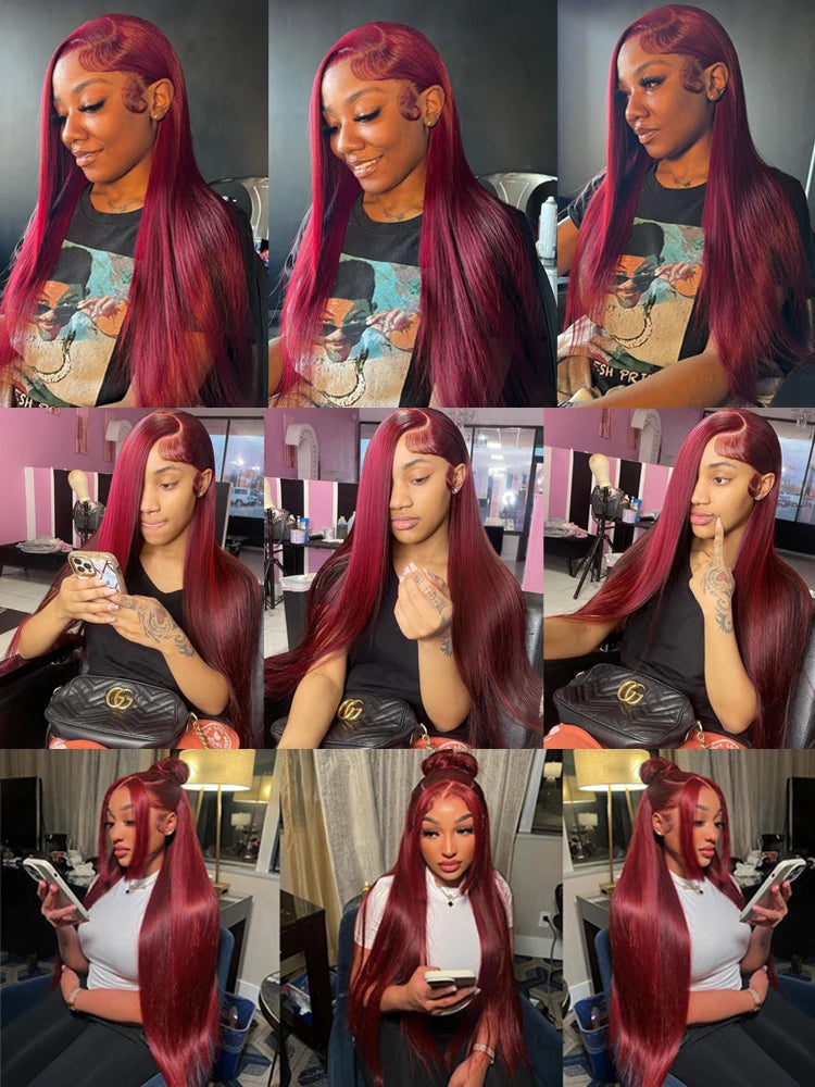 Peluca frontal de encaje HD 13x4 de cabello humano liso burdeos Pelucas frontales de encaje 13x6 de cabello humano liso rojo 99J con densidad del 250% de cabello humano