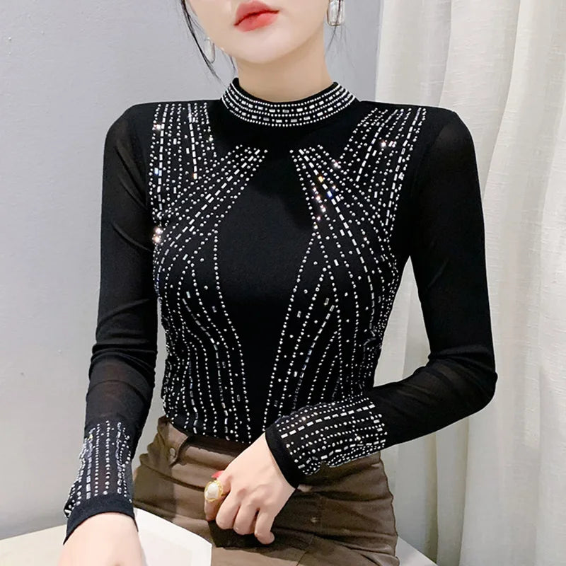 Jersey de cuello alto de malla Otoño Invierno – Elegante y elástico