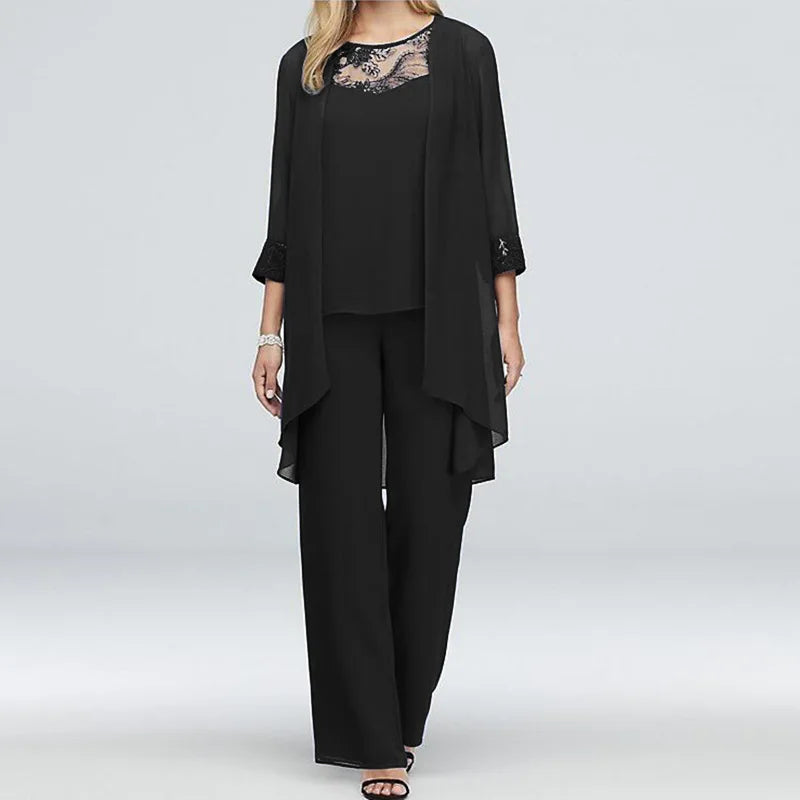 Conjuntos elegantes de pantalones para mujer, traje formal de oficina, tallas grandes, gasa, encaje, pantalones rectos, cárdigan, tops, conjuntos de 3 piezas para mujer