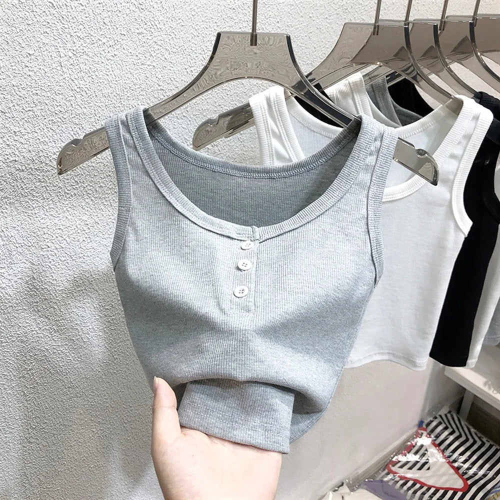 Camiseta sin mangas para mujer de canalé con botones, blusa sin mangas, color liso, informal, para mujer y adolescente, moderna, básica, vestidos de verano