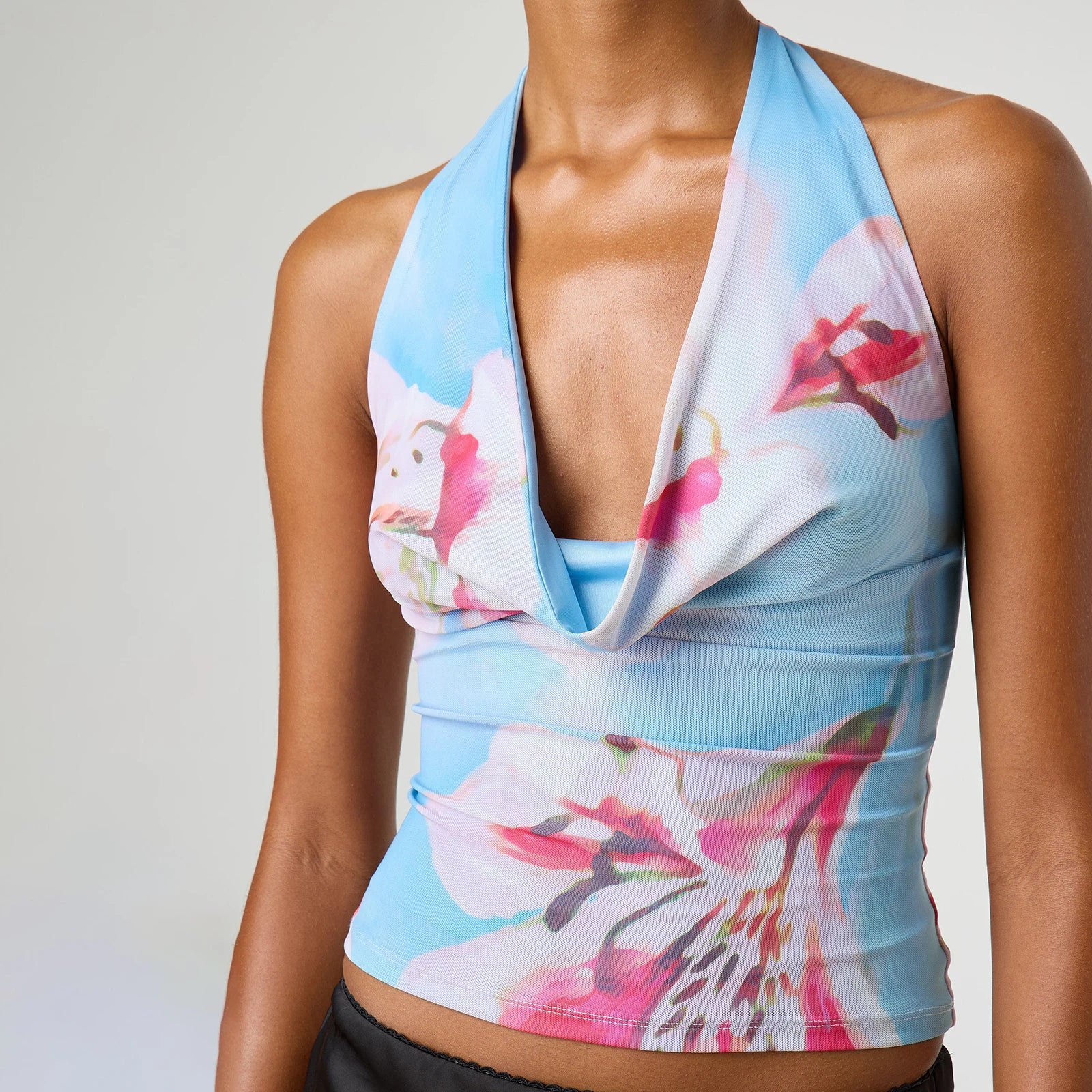 Camisetas Halter de Calidad Premium para Mujer, Estampado Floral de Verano/Color Liso, Cuello Drapeado, Sin Espalda, Tipo Chaleco para Ropa Estética Urbana