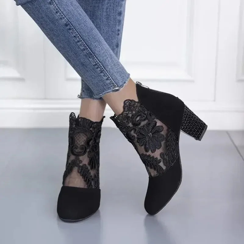Zapatos de tacón de encaje para mujer, sandalias romanas de moda para mujer, zapatos de mujer transpirables, elegantes zapatos de tacón para mujer, nuevas sandalias de tacón de malla