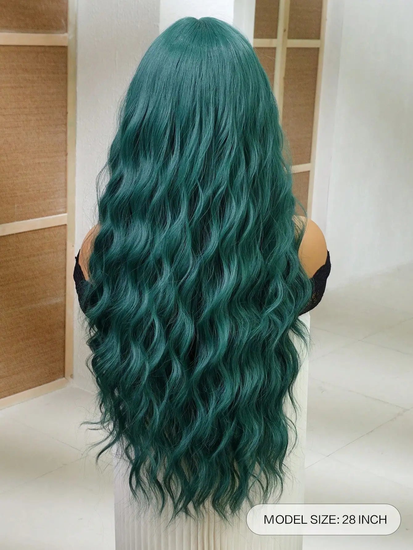 Cute Wigs - Navy Blue Medium Part Bangs Long Curly 28-Inch Daily Simulation Scalp Natural Woman Wigs For Party Cosplay Wedding