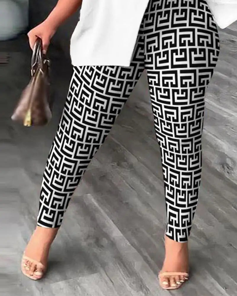 Conjuntos de dos piezas elegantes para mujer, nueva moda, estampado, top de manga con volantes, conjunto de pantalones de color sólido con cinturón, blusas, ropa femenina