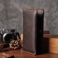 Cartera de lujo hecha a mano de cuero genuino Crazy Horse para hombre, cartera pequeña de cuero para hombre, monedero corto con clip para billetes, bolsa para dinero, café negro