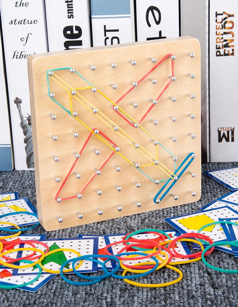Juego de juguetes de madera Montessori de matemáticas para niños, figuras geométricas, banda elástica, tabla de clavos, juguete educativo creativo, regalo de Navidad ideal
