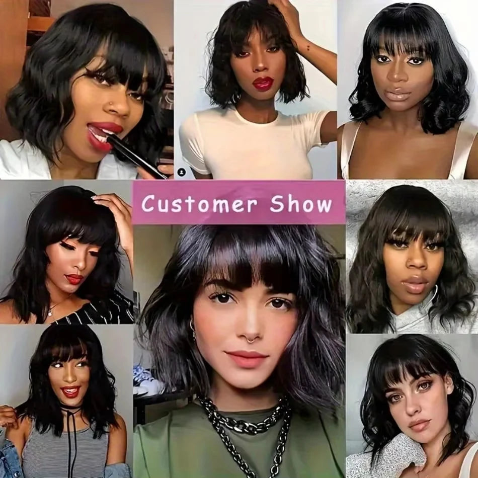 Loose Body Wave Bob Wig with Bangs – 100% Human Hair, Natural & Voluminous