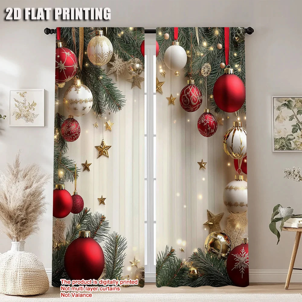 2 Cortinas De Navidad Festivas Doradas Y Rojas Con Diseño De Bolas Y Hojas De Pino, De Poliéster Con Bolsillo Para Barra Para Sala De Estar