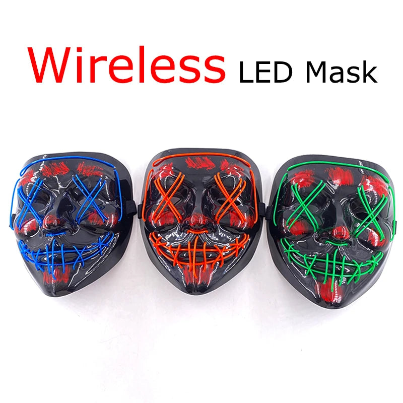 Máscara de purga LED de neón inalámbrica, que brilla en la oscuridad, máscara de cosplay de terror para Halloween, máscaras de fiesta de disfraces, accesorios luminosos divertidos