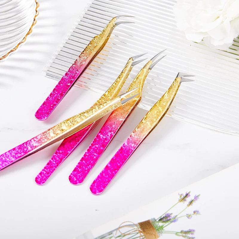 Pinzas para extensiones de pestañas de acero inoxidable de color degradado, pinzas de precisión antiestáticas, herramienta para extensión de pestañas