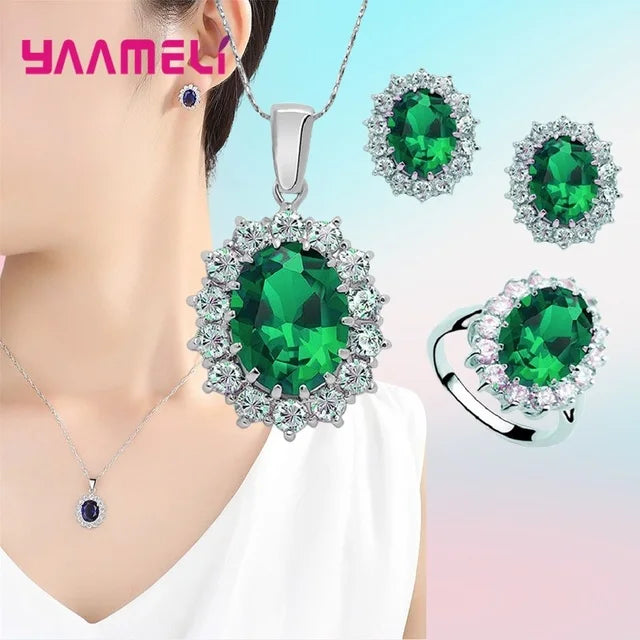 Juegos de joyería de compromiso para boda de mujer, 100% auténticos, de plata de ley 925, diseño clásico de flor ovalada con circonitas cúbicas brillantes