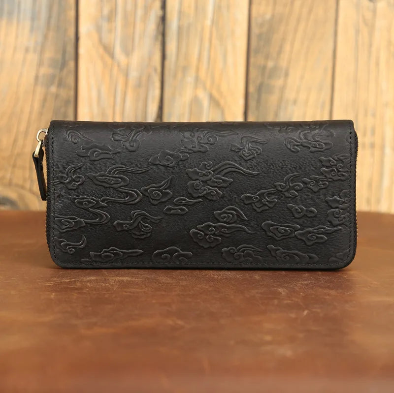 Billetera de lujo para hombre, cartera de mano de cuero genuino, monedero largo grabado en relieve, carteras de hombre de cuero grueso, carteras de mano de cuero para dinero