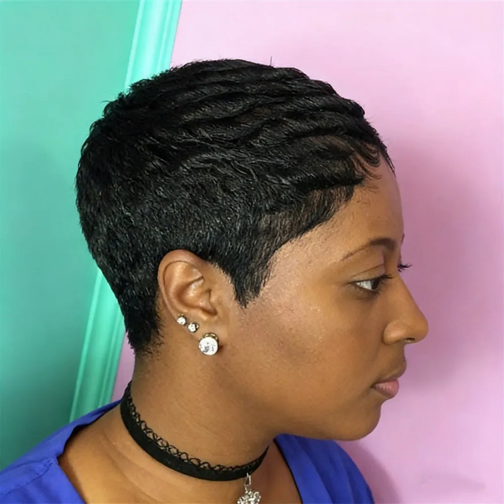 Perruque de cheveux humains courts, raides et dégradés, fabriquée à la machine, couleur NOIRE PIXIE, pour femmes, perruque pour usage quotidien/fête, coupe pixie.