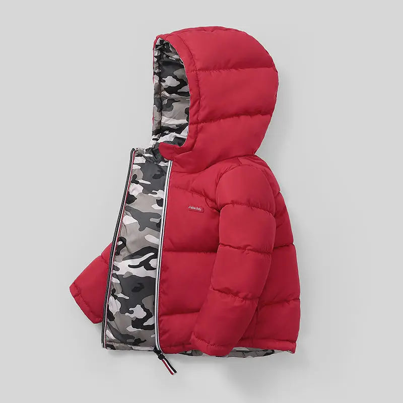 Abrigo de plumón cálido y grueso de invierno para niños, chaquetas que se pueden usar por ambos lados, ropa de abrigo con capucha para bebés y niños pequeños