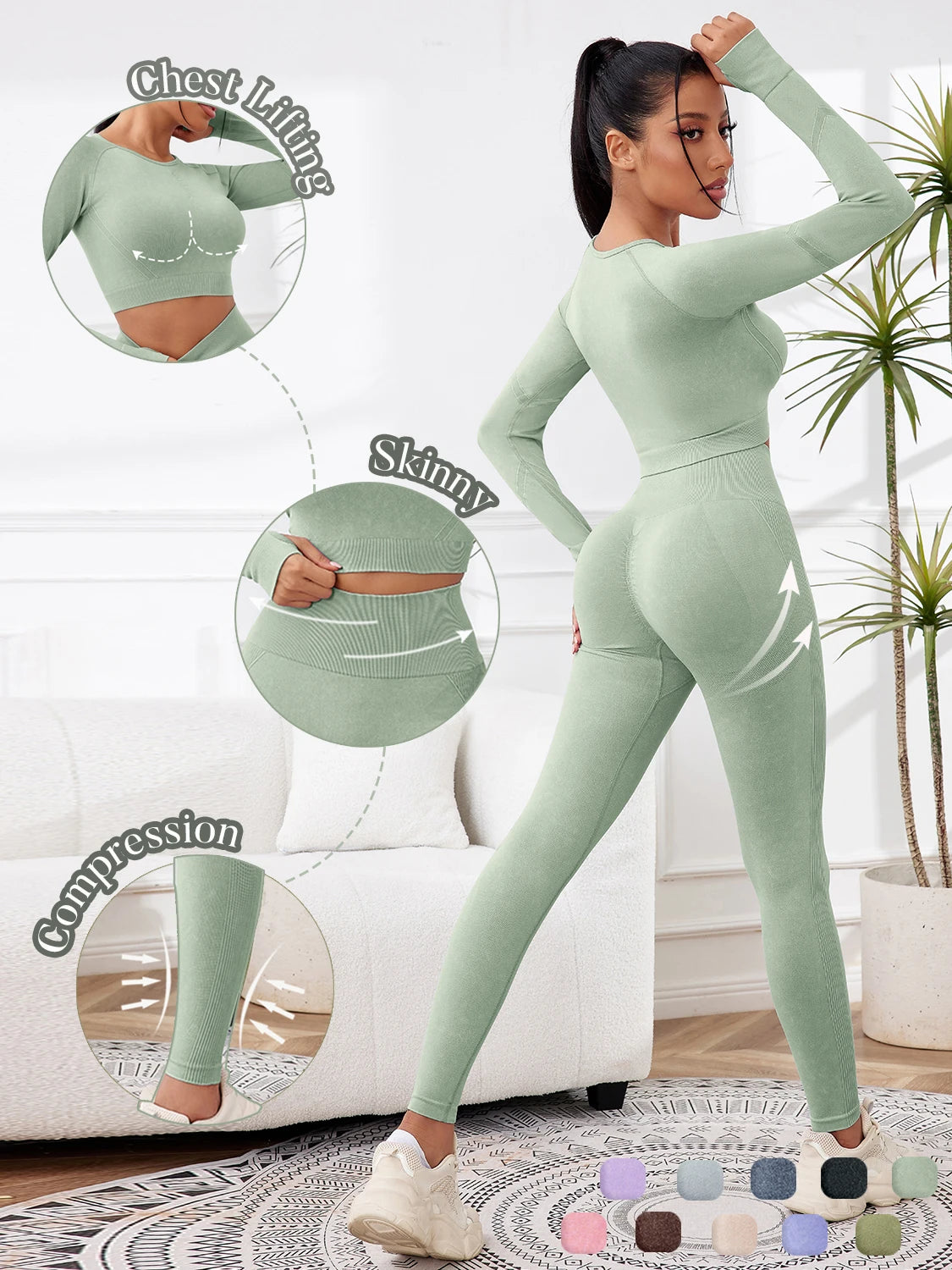 2PCS Sets Women Outfit High Waist Gym Sexy Sport Wash Pants Sets Running Outdoors Skinny