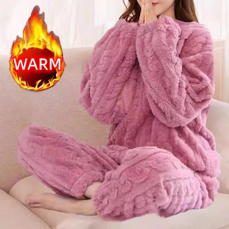 Conjunto de pijama de mujer, invierno, ropa de dormir, cuello redondo, top holgado de manga larga, pantalones de cintura elástica, conjuntos de pantalón, tallas grandes, conjuntos a juego