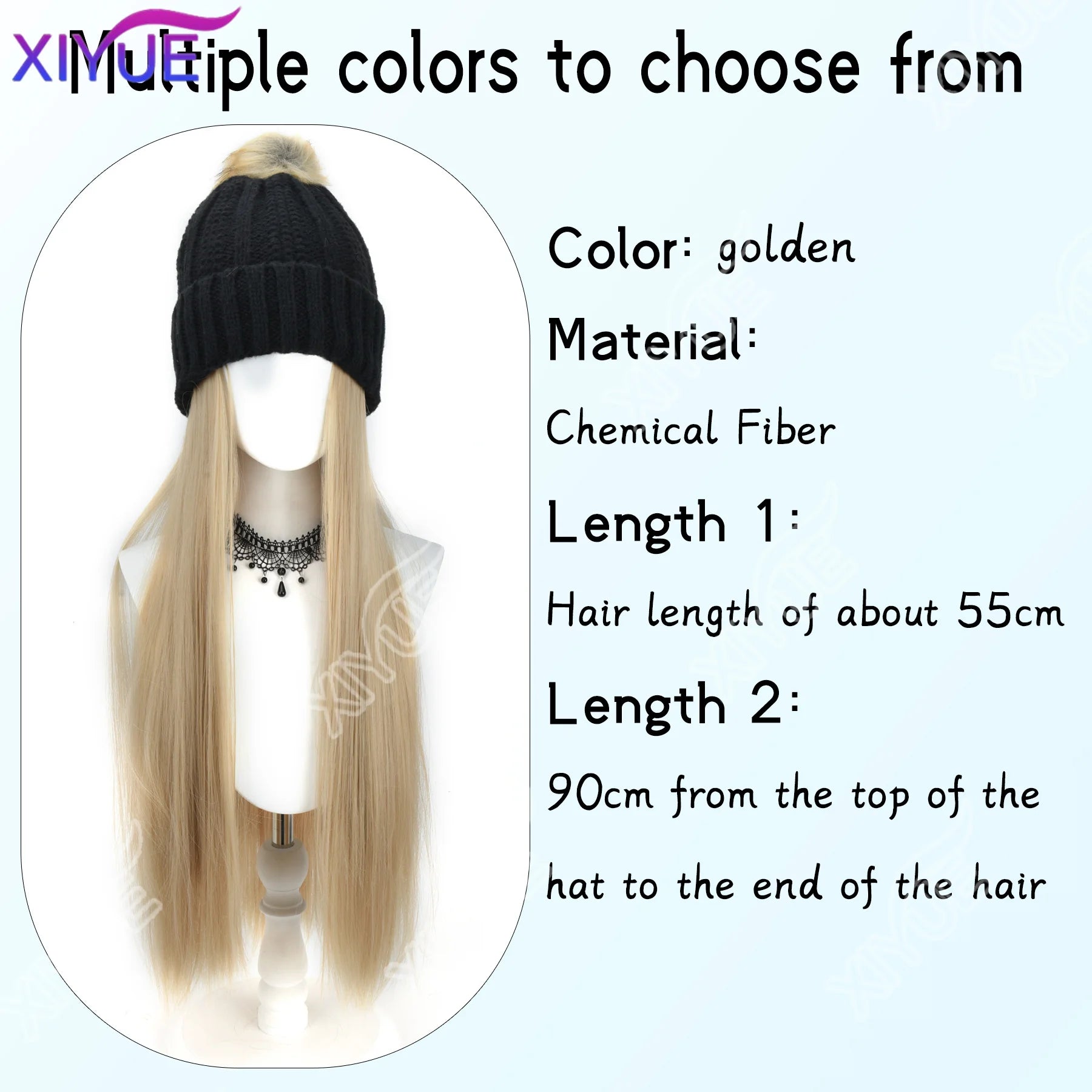 synthetic Black hat wig hat strap wig women's synthetic long water wave wig warm skiing plush knitted autumn and winter hat