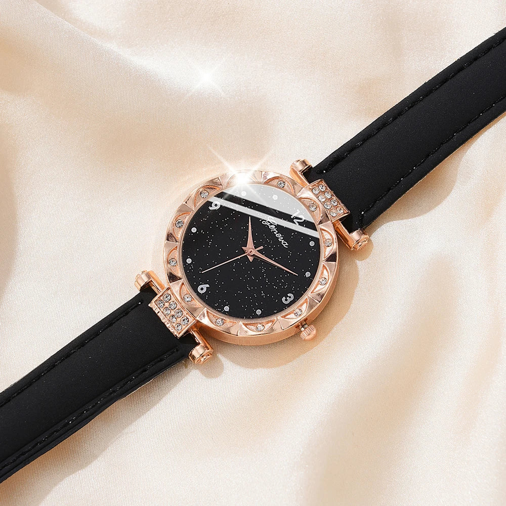 Relojes de mujer, juego de 5 piezas, lujoso, con diamantes de imitación, a la moda, elegante, de cuarzo, para niña, regalo con pulsera