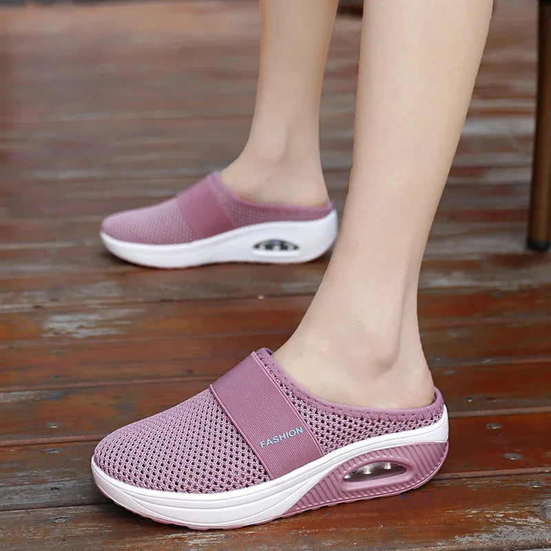 Chaussures de marche orthopédiques à coussin d'air pour femmes, mules à plateforme, pantoufles légères en maille, baskets compensées pour femmes diabétiques