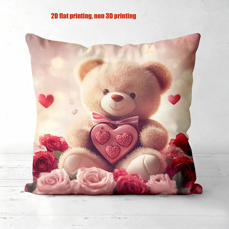Teddybjørn Rose Hjerte Puter 2D Flat Print Polyester Putetrekk, Sofa Dekorativ Putetrekk Hodegavl Pute